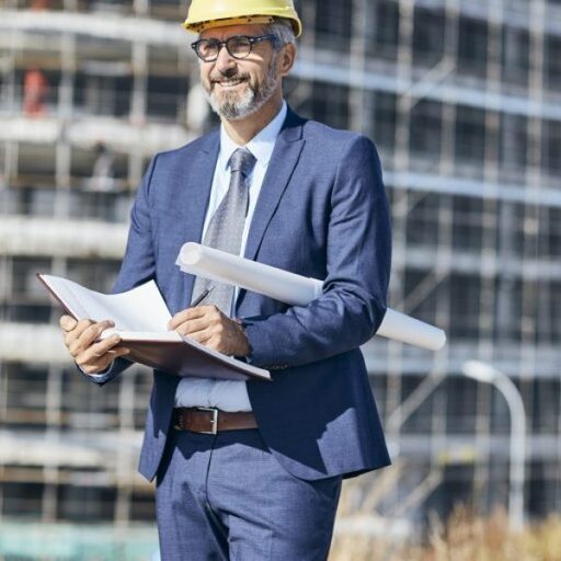 senior businessman architect helmet construction site building architecture writing notebook protective workwear blueprint plan senior businessman architect wearing a protective helmet writing in a notebook and holding a blueprint on the construction site